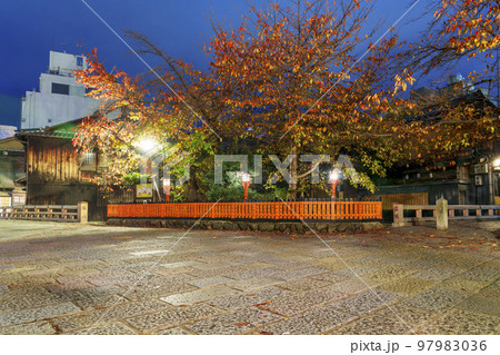 京都 風情ある祇園白川の夜景 巽橋 秋 京都 風情ある祇園白川の夜景 巽橋 秋 97983036