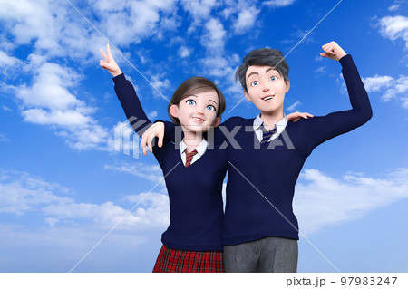 青空を背景に仲良しの男女の高校生が肩を組んでポーズ 97983247
