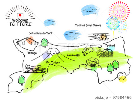 鳥取県の観光地のシンプル線画イラストマップ 鳥取県の観光地のシンプル線画イラストマップ 97984466