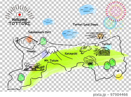 鳥取県の観光地のシンプル線画イラストマップ 鳥取県の観光地のシンプル線画イラストマップ 97984466
