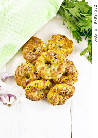 Bagels curd and cheese on light board top 97984552