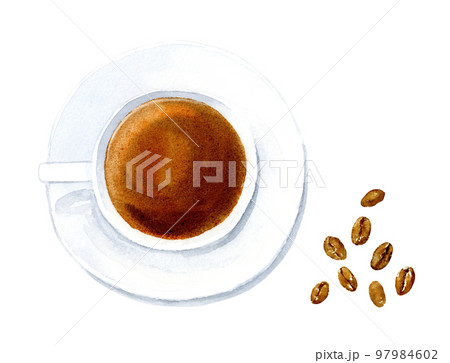 上から見たコーヒーとコーヒー豆　水彩イラスト　背景透過PNG 97984602