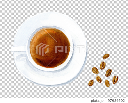 上から見たコーヒーとコーヒー豆　水彩イラスト　背景透過PNG 97984602