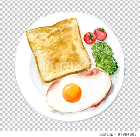Top view toast and bacon egg watercolor illustration background transparent PNG 97984603