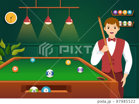 Billiards Game Illustration with Player Pool Room with Stick, Table and Billiard Balls in Sports Club in Flat Cartoon Hand Drawn Templates Billiards Game Illustration with Player Pool Room with Stick, Table and Billiard Balls in Sports Club in Flat Cartoon Hand Drawn Templates 97985522