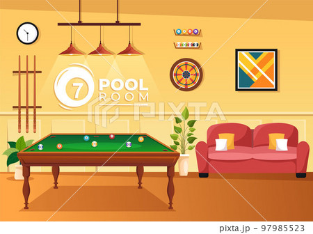 Billiards Game Illustration with Player Pool Room with Stick, Table and Billiard Balls in Sports Club in Flat Cartoon Hand Drawn Templates 97985523