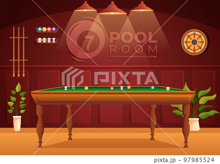 Billiards Game Illustration with Player Pool Room with Stick, Table and Billiard Balls in Sports Club in Flat Cartoon Hand Drawn Templates 97985524