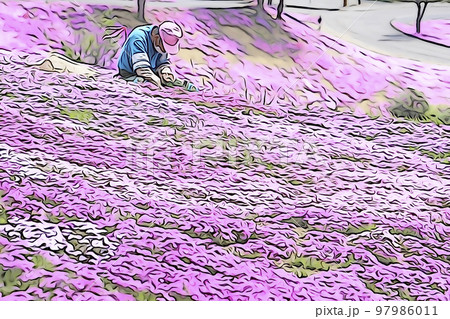 パステル調　”公園内を草取りする男性”　イラストイメージ 97986011