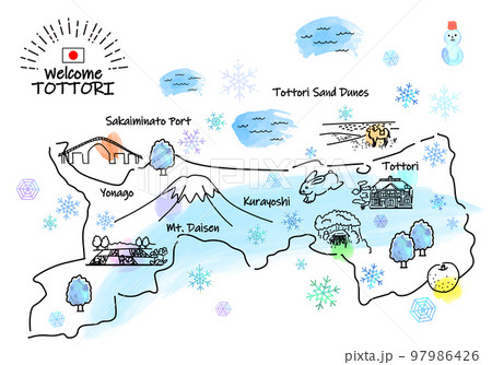 冬の鳥取県の観光地のシンプル線画イラストマップ 97986426