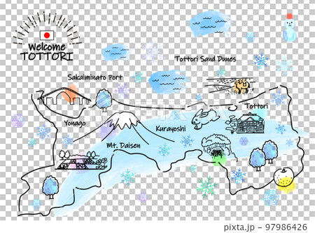 冬季鳥取縣觀光景點的簡單線描插圖圖 97986426