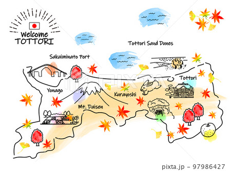 秋の鳥取県の観光地のシンプル線画イラストマップ 97986427