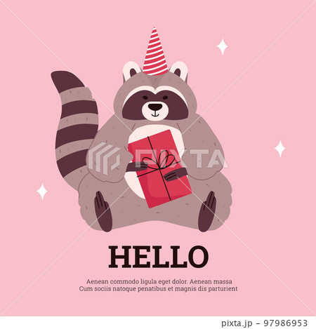 Card design with funny raccoon in birthday hat flat cartoon vector illustration. 97986953