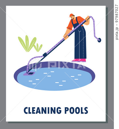 Cleaning pools service operation banner or card design flat vector illustration. Cleaning pools service operation banner or card design flat vector illustration. 97987027