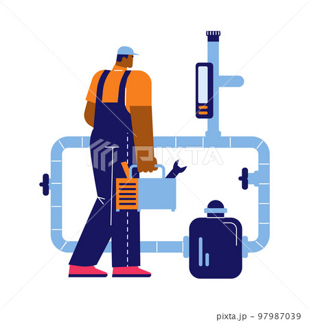 Handyman or repairman maintaining pool filtration system, vector isolated. Handyman or repairman maintaining pool filtration system, vector isolated. 97987039