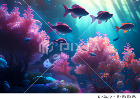 Colorful coral reef and fish. Clean underwater world scene. (Created with Generative AI technology) Colorful coral reef and fish. Clean underwater world scene. (Created with Generative AI technology) 97988896