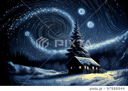 Illustration oil paint house and snow on starry sky winter (Created with Generative AI technology). 97988944