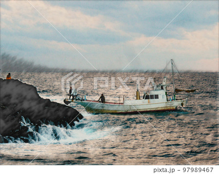 渡船が沖磯に釣人を乗せている臨場感ある風景写真をイラスト風にレタッチ・カラー加工した画像。 97989467