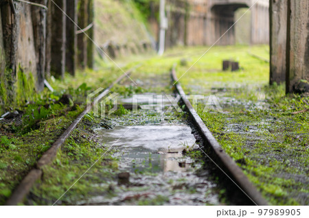 Close up of the railway track after the rain. Some green grass on the ground. Close up of the railway track after the rain. Some green grass on the ground. 97989905
