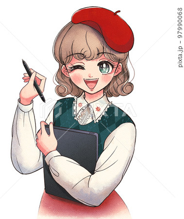 液晶タブレットで絵を描くベレー帽の美少女漫画家のイラスト素材