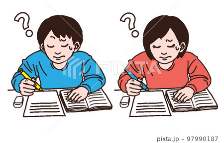 回答を考える悩む勉強する私服男女（手書きカラー） 97990187