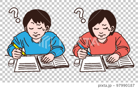 回答を考える悩む勉強する私服男女（手書きカラー） 97990187
