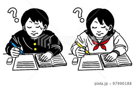 回答を考える悩む勉強する学生男女（シンプル） 97990188
