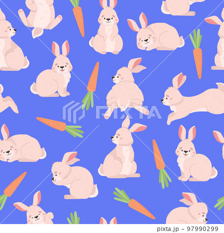 Cute bunny with carrot, Easter seamless pattern, cartoon flat vector illustration on blue background. Cute bunny with carrot, Easter seamless pattern, cartoon flat vector illustration on blue background. 97990299