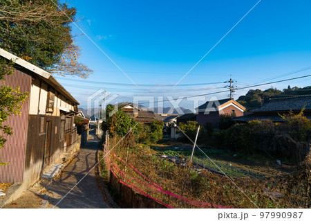 高島　冬の朝の黒土集落　岡山県笠岡市 97990987