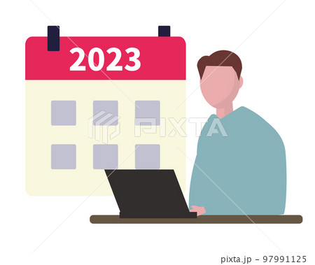 2023年の予定を立てる男性。パソコンでスケジュール管理をする人物 97991125