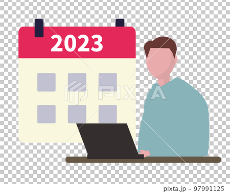 2023年の予定を立てる男性。パソコンでスケジュール管理をする人物 97991125