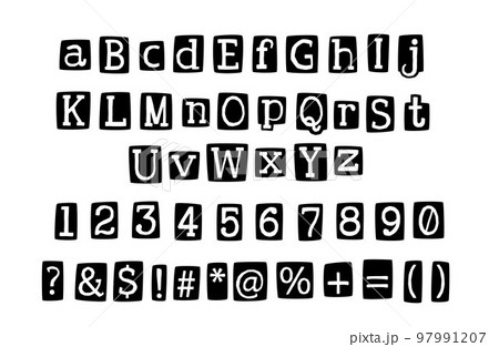 Retro criminal anonymous maniac alphabet letters black and white color. Blackmail notes cut from magazine. Retro criminal anonymous maniac alphabet letters black and white color. Blackmail notes cut from magazine. 97991207