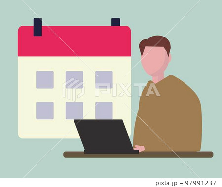 パソコンでスケジュール管理をする男性。カレンダーと計画性。ベクターイラスト	 97991237