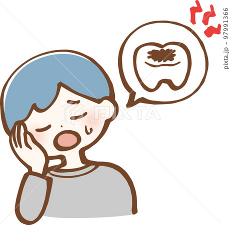 虫歯　歯が痛む　腫れる　男性　シンプルイラスト 97991366