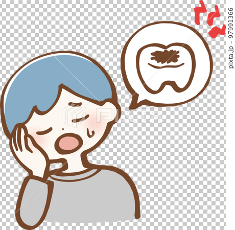 虫歯　歯が痛む　腫れる　男性　シンプルイラスト 97991366