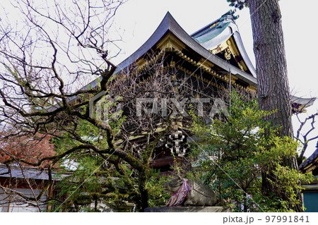 北野天満宮の絵馬所の脇にある渋い石のなで牛と樹木の向こうに楼門が見える風景　京都市上京区 97991841