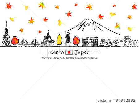 秋の関東の観光地の街並みシンプル線画イラスト 97992392