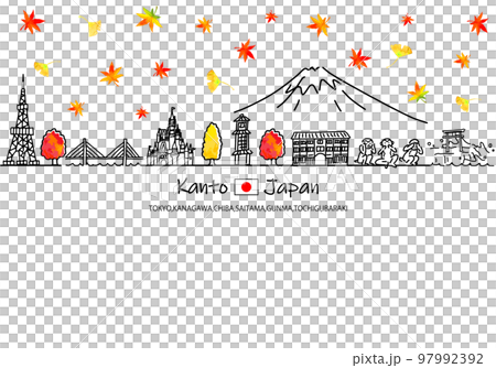 秋の関東の観光地の街並みシンプル線画イラスト 97992392