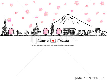 春の関東の観光地の街並みシンプル線画イラスト 97992393