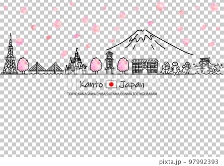 Simple line drawing illustration of the cityscape of a tourist destination in Kanto in spring 97992393