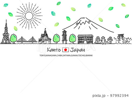 夏の関東の観光地の街並みと太陽のシンプル線画イラスト 97992394