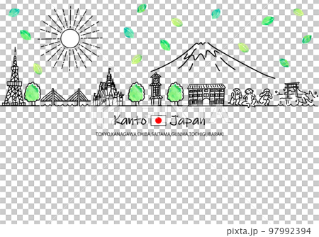 夏の関東の観光地の街並みと太陽のシンプル線画イラスト 97992394