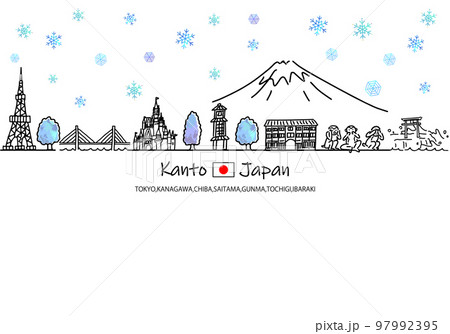 冬の関東の観光地の街並みシンプル線画イラスト 97992395