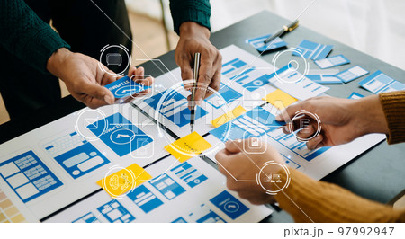 UX graphic designer planning application process development prototype wireframe for web smart phone. Creative digital development agency. with VR icon 97992947