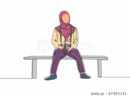 Single continuous line drawing of young cute muslimah sitting on chair while carrying dslr camera. Beautiful Asian woman model in trendy hijab fashion concept one line draw design vector illustration Single continuous line drawing of young cute muslimah sitting on chair while carrying dslr camera. Beautiful Asian woman model in trendy hijab fashion concept one line draw design vector illustration 97993132