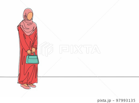 One continuous line drawing of young attractive muslimah with traditional Arab cloth holding bag. Beauty Asian woman model in trendy hijab fashion concept. Single line draw design vector illustration One continuous line drawing of young attractive muslimah with traditional Arab cloth holding bag. Beauty Asian woman model in trendy hijab fashion concept. Single line draw design vector illustration 97993135