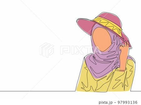 Single continuous line drawing of happy young cute muslimah wear headscarf with hat and pose nicely. Beauty Asian woman model in trendy hijab fashion concept one line draw design vector illustration 97993136