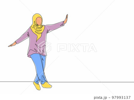 One continuous line drawing of young beautiful happy muslimah with headscarf dance on street road. Beauty Asian woman model in trendy hijab fashion concept single line draw design vector illustration One continuous line drawing of young beautiful happy muslimah with headscarf dance on street road. Beauty Asian woman model in trendy hijab fashion concept single line draw design vector illustration 97993137