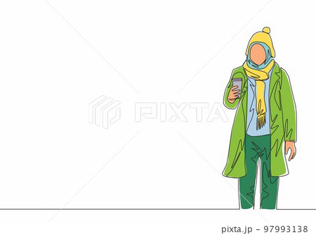 One single line drawing of young attractive happy muslimah wear beanie hat and hold coffee cup. Beauty Asian woman model in trendy hijab fashion concept continuous line draw design vector illustration One single line drawing of young attractive happy muslimah wear beanie hat and hold coffee cup. Beauty Asian woman model in trendy hijab fashion concept continuous line draw design vector illustration 97993138