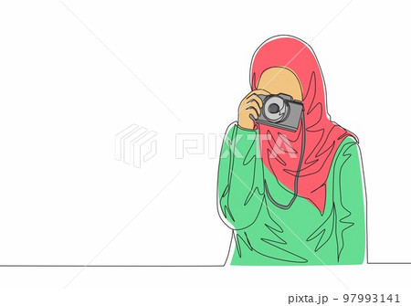 One continuous line drawing of young pretty happy muslimah with headscarf hold camera on hand. Beautiful Asian woman model in trendy hijab fashion concept single line draw design vector illustration One continuous line drawing of young pretty happy muslimah with headscarf hold camera on hand. Beautiful Asian woman model in trendy hijab fashion concept single line draw design vector illustration 97993141