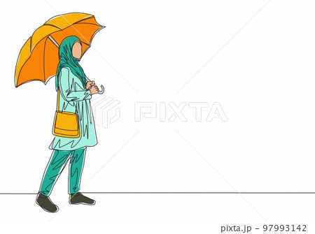 Single continuous line drawing of young cute muslimah with arabic veil carrying umbrella and pocket bag. Beautiful Asian woman in trendy hijab fashion concept one line draw design vector illustration Single continuous line drawing of young cute muslimah with arabic veil carrying umbrella and pocket bag. Beautiful Asian woman in trendy hijab fashion concept one line draw design vector illustration 97993142